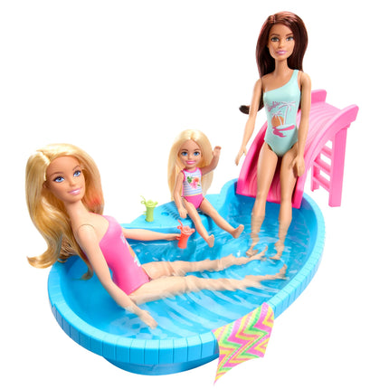 Buy Barbie Doll and Pool Playset, Blonde in Tropical Pink One-Piece Swimsuit with Pool, Slide, Towel and Drink Accessories in India