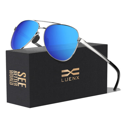 LUENX Aviator Sunglasses for Men Women Polarized - Silver Frame Blue Lens Mirrored Driving uv 400 Protection