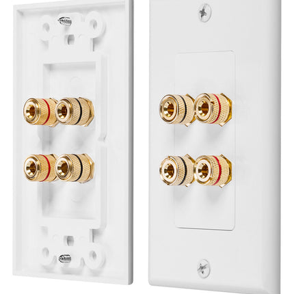 Fosmon Home Theater Wall Plate - Premium Quality Gold Plated Copper Banana Binding Post Coupler Type Wall Plate (White) (Two Speaker)