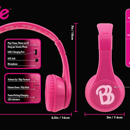 eKids Barbie Bluetooth Headphones, Pink Wireless Headphones with Microphone includes Aux Cord, Volume Reduced Kids Foldable Headphones for School, Home, or Travel