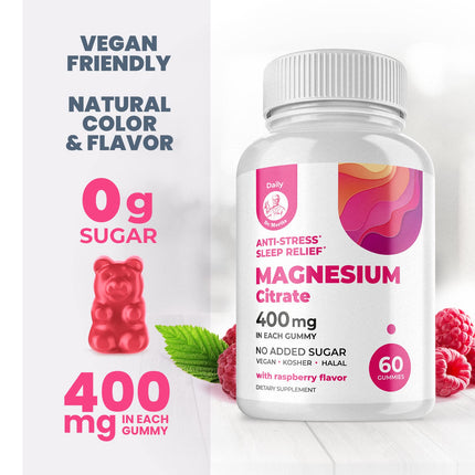 Magnesium Gummies Sugar-Free - Calm Magnesium Gummies Supplement for Children, Sugar-Free Magnesium Calm Chews for Kids & Adults (60 Count)