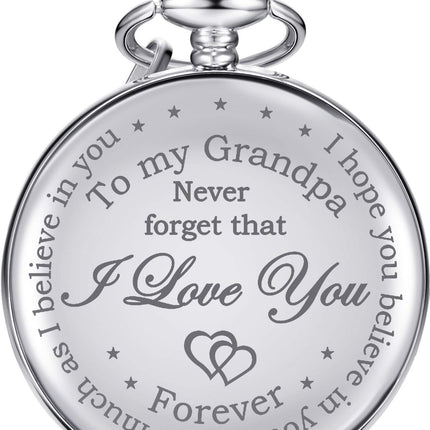 Hicarer Grandfather Pocket Watch for Father's Day Christmas Birthday, Personalized Gift for Grandfather, Never Forget That I Love You (Silver)