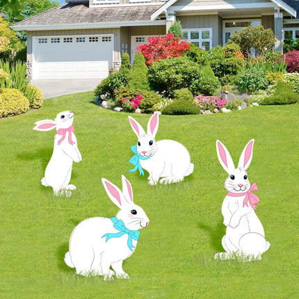 Easter Decorations Outdoor Yard Signs: 4pcs Large White Bunny Signs with Stakes, Cute Rabbits with Pink Ears, Weather-resistaint Yard Lawn Garden Decor for Kids Family Home Outside Spring Easter Party