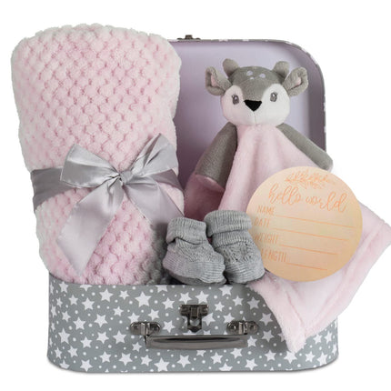 Baby Girl Gift Set New Born Baby Gift Baby Deer Fawn Security Blanket Soft Fleece, Suitcase Keepsake Box Blanket Booties & Baby Gift Basket – Unique Present for Baby Shower & Newborn Lovey