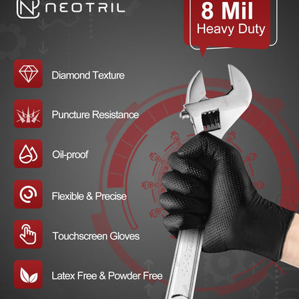 NEOTRIL 8 Mil Heavy Duty Disposable Nitrile Gloves with Raised Diamond Texture Grip Rubber Gloves, Latex & Powder Free Mechanic Gloves for Household Cleaning, Black | 50 Pcs