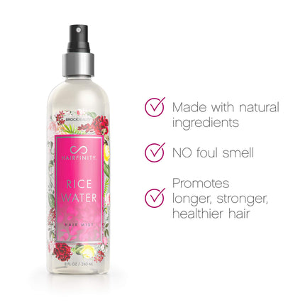 Hairfinity Rice Water Mist - Silicone & Sulfate Free Growth Formula - Best for Damaged, Dry, Curly or Frizzy Hair - Thickening for Thin Hair, Safe for Keratin and Color Treated Hair 8oz