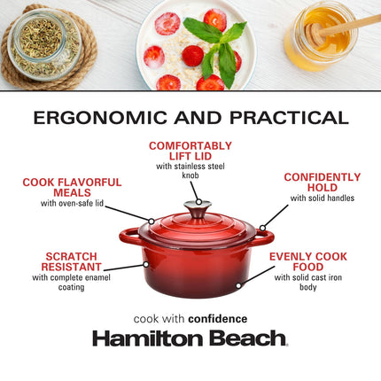 Hamilton Beach Enameled Cast Iron Dutch Oven Red (3-Quart) | Cream Enamel Coating Dutch Oven Pot with Lid | Cast Iron Dutch Oven with Even Heat Distribution | Easy Grip to Handles & Multipurpose