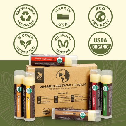 USDA Organic Lip Balm 6-Pack by Earth's Daughter - Fruit Flavors, Beeswax, Coconut Oil, Vitamin E - Best Lip Repair Chapstick for Dry Cracked Lips - Moisturizing Lip Care