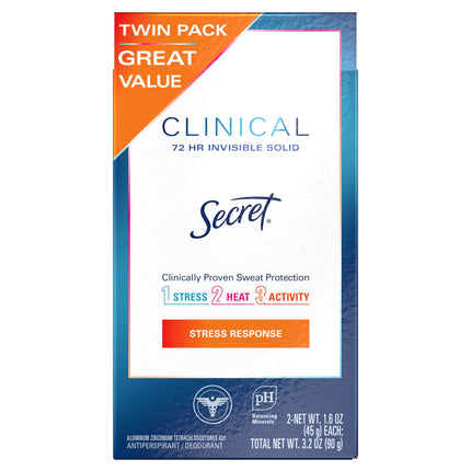 Secret Clinical Strength Invisible Solid Antiperspirant and Deodorant for Women, Stress Response, Twin Pack 1.6 oz each, 3.2oz Total