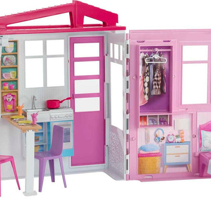 Barbie Doll House, Portable Playset with Carrying Handle and Accessories, Kitchen, Bedroom, Bathroom and Patio Pool