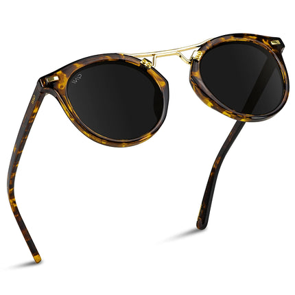 WearMe Pro Polarized Round Retro Double-Bridge Vintage Women's Sunglasses (Tortoise/Black Lens)