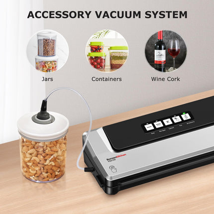 Bonsenkitchen Food Sealer Machine, Dry Vacuum Sealer Machine with 5-in-1 Easy Options for Sous Vide and Food Storage, Air Sealer Machine with 5 Vacuum Seal Bags & 1 Air Suction Hose, Silver
