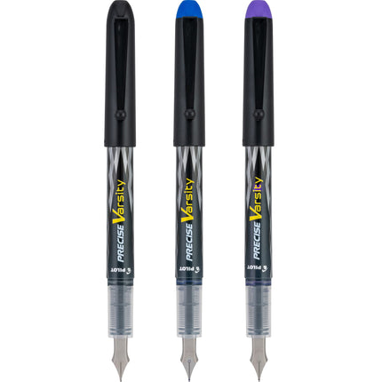 PILOT Precise Varsity Pre-Filled Fountain Pens, Medium Point Stainless Steel Nib, Black/Blue/Purple Inks, 3-Pack (90022)