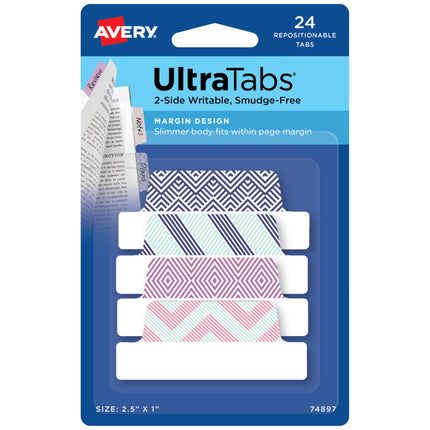 Avery Margin Ultra Tabs, 2.5" x 1", Assorted Color Geometric Designs, 24 Repositionable Page Tabs (74897)