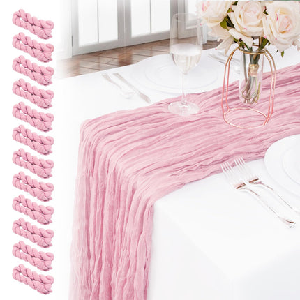 BUCLA 12 Pack 10Ft Pink Cheesecloth Table Runner - Table Runner 120 inches Long Boho Gauze Cheesecloth Table Runner Romantic - 35x120 in Pink Sequin Table Runners for Wedding, Bridal Shower, Birthday
