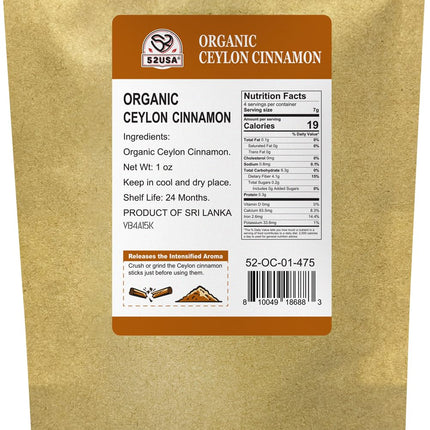 Buy 52USA Organic Ceylon Cinnamon Sticks, 1 Ounce (Pack of 1), True Cinnamon Farmed in Sri Lanka, Wholesale in India