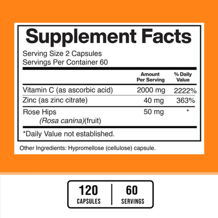 American Standard Supplements Vitamin C 2000mg, Zinc 40mg, and Rose HIPS 50mg Per Serving – Vegan, Gluten Free, Non-GMO, 120 Capsules, 60 Servings