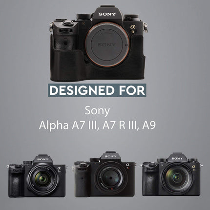 MegaGear MG1243 Sony Alpha A7RIII, A9, A7III Ever Ready Genuine Leather Camera Half Case and Strap - Black