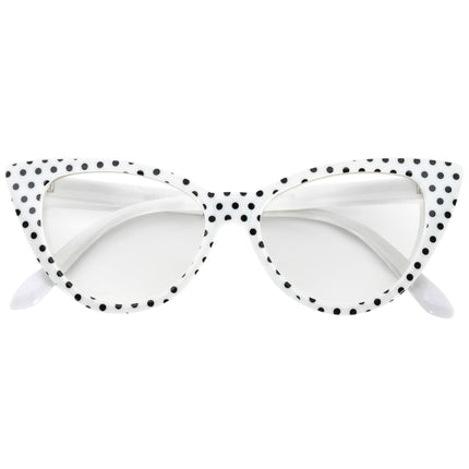 OWL Cateye Glasses for Women Vintage 50s White Black Polka Dots Frame Clear Lens