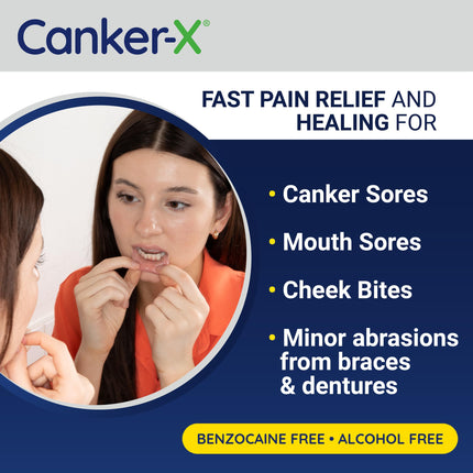 Canker-X Mouth Sore Gel, Fast Pain Relief & Healing for Canker Sores, Cheek Bites and Oral Abrasions, Oral Pain Relief Gel, Benzocaine-Free and Alcohol-Free, Adults and Kids 6+ Years, 0.28 fl oz