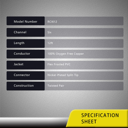 RECOIL RCI612 100% Oxygen Free Copper 12ft 6-Channel RCA Audio Cable, Twisted Pair with Noise Reduction