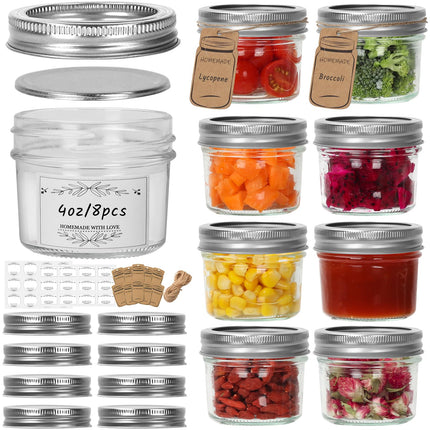 Eathtek Small Mason Jars 8 Pack, 4oz/120ml Mini Canning Jars with Regular Lids for Jelly Herbs Spice Honey Storage, Small Glass Jars Candle jars, Extra Lids Tags Label Included