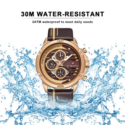 NAVIFORCE Mens Military Watches Sport Waterproof Quartz Leather Casual Date Luxury Wrist Watch Rose Gold