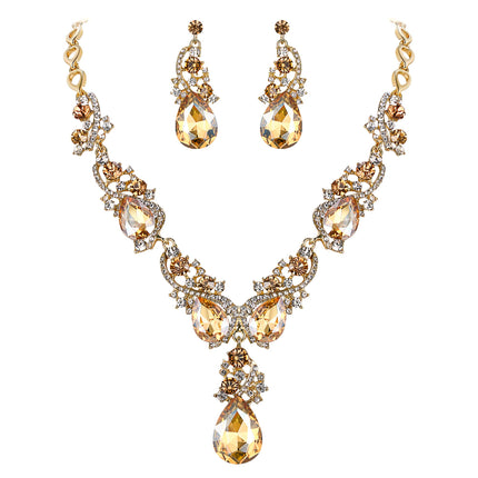 BriLove Wedding Bridal Necklace Earrings Jewelry Set for Women Multi Teardrop Cluster Crystal Statement Necklace Dangle Earrings Set Champagne Gold-Toned
