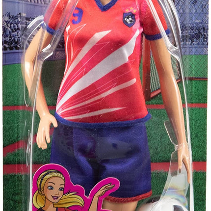 Barbie Soccer Fashion Doll with Blonde Ponytail, Colorful #9 Uniform, Cleats & Tall Socks, Soccer Ball