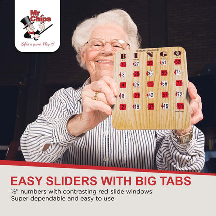 MR CHIPS Jam-Proof Fingertip Slide Bingo Cards with Sliding Windows - 25 Pack in Tan Style