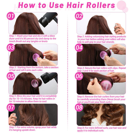 Jumbo Hair Curlers Rollers, 12Pcs 60mm Jumbo Hair Roller Curlers Self Grip Holding Rollers with 12Pcs Hair Clips for Long Thick Hair (Rose Red)