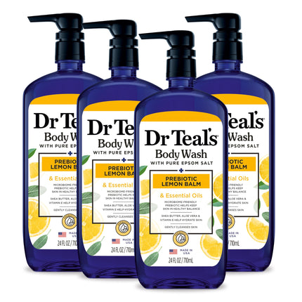 Dr Teal's Body Wash with Pure Epsom Salt, with Prebiotic Lemon Balm & Sage, 24 fl oz (Pack of 4) (Packaging May Vary)