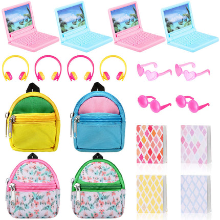 20 Pieces Doll Backpack Set Dollhouse School Accessories Doll Travel Supplies Include Mini Laptop Scene Simulation Backpack Bag with Zipper Mini Headsets Toy Sunglasses Book for 1/12 1/6 Scale