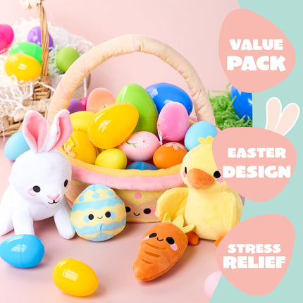 JOYIN 5 Pcs Easter Basket Plush Playset, Filled Basket with Bunny Chick Egg Carrot, Easter Basket Prefilled with Animal Stuffers, Easter Toys & Gifts for Baby Toddler Kids Boys & Girls of All Ages