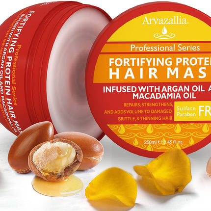 Arvazallia Fortifying Protein Hair Mask and Deep Conditioner with Argan Oil and Macadamia Oil Hair Repair Treatment for Damaged, Brittle, or Thinning Hair - Promotes Natural Hair Growth