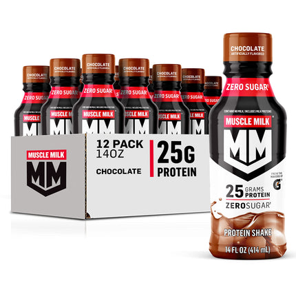 Muscle Milk Genuine Protein Shake, Chocolate, 14 Fl Oz Bottle, 12 Pack, 25g Protein, Zero Sugar, Calcium, Vitamins A, C & D, 6g Fiber, Energizing Snack, Workout Recovery, Packaging May Vary