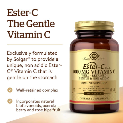 Solgar Ester-C Plus 1000 mg Vitamin C (Ascorbate Complex), 60 Tablets - Gentle On The Stomach & Non Acidic - Antioxidant & Immune System Support - Non GMO, Vegan, Gluten Free, Kosher - 60 Servings