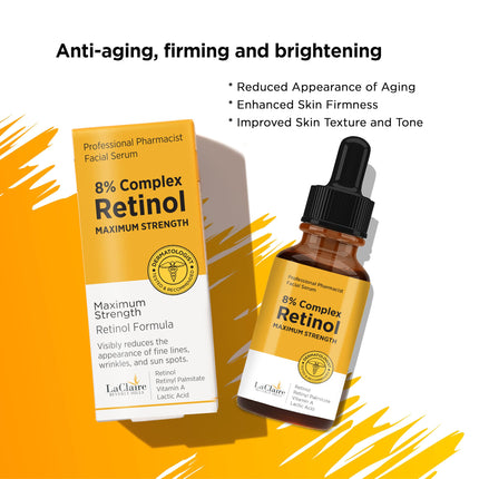 LaClaire 8% Complex Retinol Face Serum – Anti-Aging, Brightening Neck & Facial Serum Helps Firm, Smooth, & Nourish Skin with Lactic Acid, Vitamin A, & Retinyl Palmitate – Anti Wrinkle Serums 15 ml