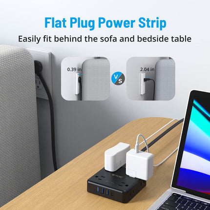 TROND Power Strip Surge Protector - Flat Plug Extension Cord, 8 Widely-Spaced Outlets, 4 USB Charger(1 USB C Port), 5FT Ultra Thin Cord, 1440J, Flat Wall Plug, Desk Charging Station for Travel, Black