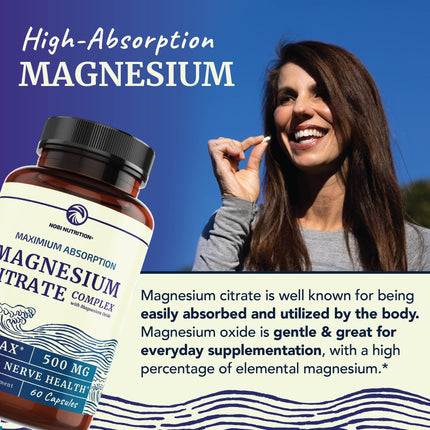 Magnesium Citrate 500MG for Calm, Relaxation, Constipation & Digestion Support Supplement | High Absorption Complex with Elemental Magnesium Oxide | Non-GMO, Gluten-Free, Third-Party Tested | 60ct