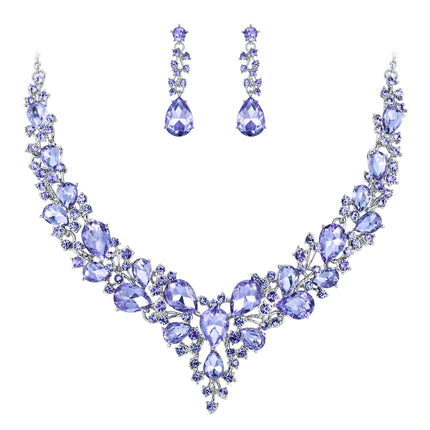 BriLove Necklace Earrings Jewelry Set for Women Wedding Bridal Austrian Crystal Teardrop Cluster Statement Necklace Dangle Earrings Set Light Purple Silver-Tone