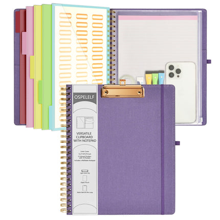 Ospelelf Foldable Spiral Clipboard Folio with Storage Zipper Pouch, 5 Plastic Folders with 10 Pockets,Refillable Lined Notepad (11" x 8.5"), Hardcover Project Organizer with 39 Stickers (Purple)