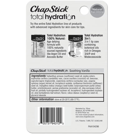 ChapStick Total Hydration Lip Care Soothing Vanilla - Pack of 2