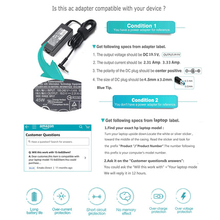 45W 65W Laptop Charger SK90A195231 for HP Pavilion 15-F:15-f111dx 15-f272wm 15-f211wm 15-f271wm 15-f233wm 15-f387wm 15-f211nr 15-f337wm 15-f224wm and more hp laptop Power supply Cargador Ac Adapter