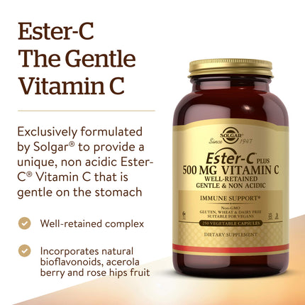 Solgar Ester-C Plus 500 mg Vitamin C (Ascorbate Complex), 250 Vegetable Capsules - Gentle & Non Acidic - Antioxidant & Immune Support - Non GMO, Vegan, Gluten Free, Kosher - 250 Servings