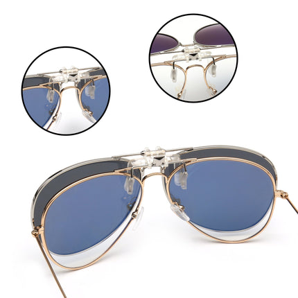 Retro Clip on Aviator Sunglasses Polarized Flip up Lenses Driving Eyeglasses Men (Silver/Polarized Grey)