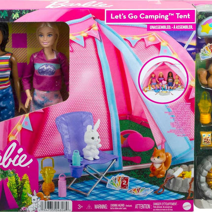 Barbie It Takes Two Dolls & 20 Accessories, Let's Go Camping Tent Playset with Brooklyn & Malibu Dolls & 2 Moving Animals