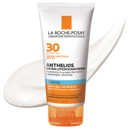 La Roche-Posay Anthelios Cooling Water Sunscreen Lotion | Water Based Sunscreen for Face & Body | Broad Spectrum SPF + Antioxidants | Fast Absorbing Water-Like Texture | Oil Free Sunscreen SPF 30