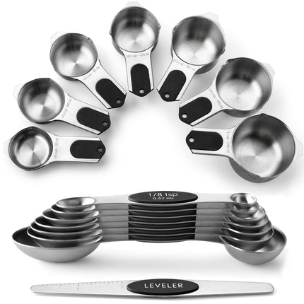Spring Chef Magnetic Measuring Cups and Spoons Set with Strong N45 Magnets, Heavy Duty Stainless Steel, Fits in Most Kitchen Spice Jars for Baking & Cooking, BPA Free, Set of 15 with Leveler, Black