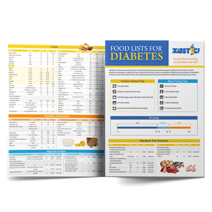 Zastic! Laminated 8.5"x11" Diabetes Food Chart & Meal Planner for Diabetics - 345 Grocery Foods List - Diabetic Food List Planner Chart w/Serving Size, Carbs, Calories, and Glycemic Index